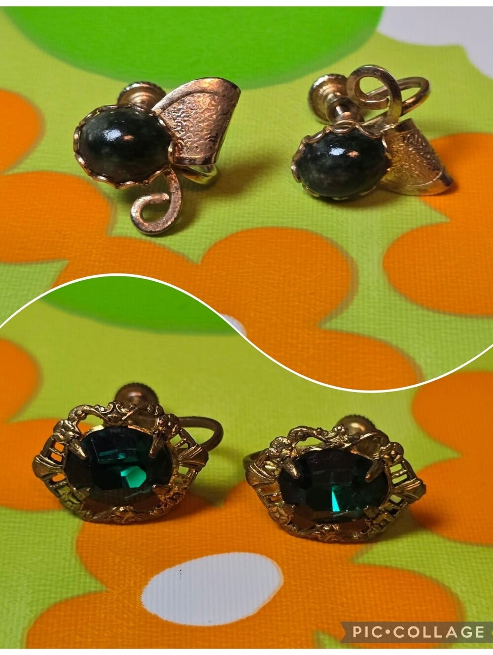 Vintage | Gold-Tone Screw Back Earrings with Deep Green Stones